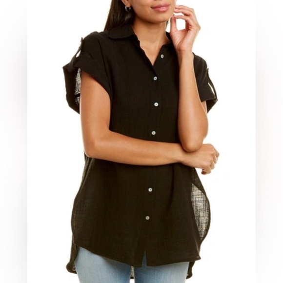 Nanette Lepore|Black Casual Button-Up Top in short sleeve,gauze beachy style•••L - Picture 1 of 13